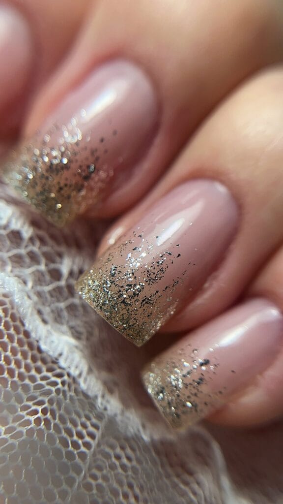 Ongles pailleté. Construction en gel nude