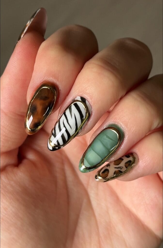 Ongles motif animal, zèbre, crocodile, léopard et tortue